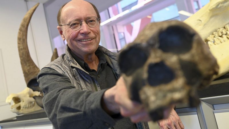 Tim White holds the skull of an African hominid